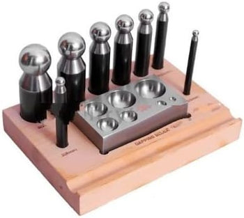 TAURISH Professional Dapping Punch & Dapping Block set of 9 pcs on Wooden Base