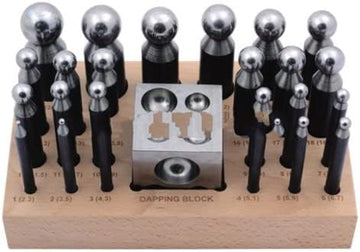 TAURISH Professional Dapping Punch & Dapping Block Set of 23 pcs on Wooden Base 2" x 2" Dapping Block