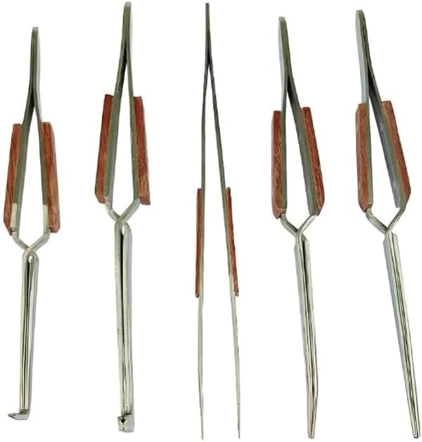 Taurish Set of 5 Fiber Grip Cross Lock Tweezers Set Bent & Straight Tip 6-1/2inch Long - Jewelry Tool