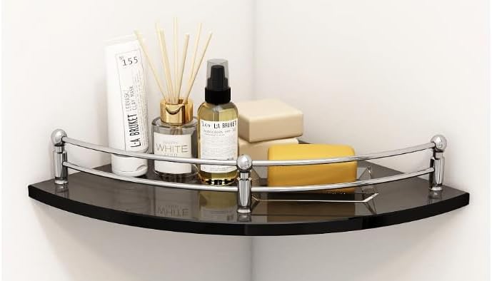 TAURISH Shelf/Bathroom Corner Organizer Shelf/Black Glass Corner Shelf for Living Room (9x9 Inches - Pack of 3)