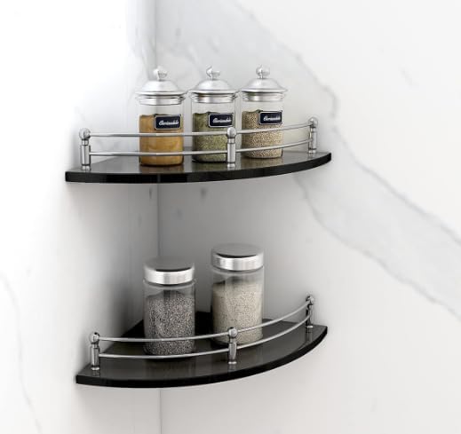 TAURISH Shelf/Bathroom Corner Organizer Shelf/Black Glass Corner Shelf for Living Room (9x9 Inches - Pack of 3)