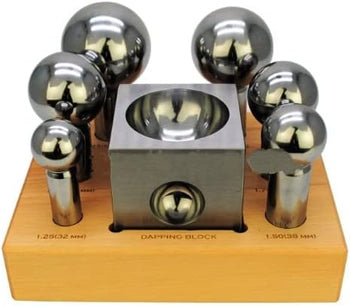 TAURISH Professional Dapping Punch & Block Set of 7 Pcs. On wooden Base (Full Polished Punch & Block)