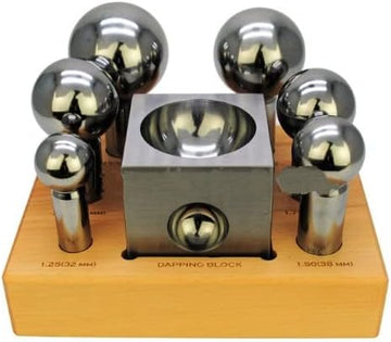 TAURISH Professional Dapping Punch & Block Set of 7 Pcs. On wooden Base (Full Polished Punch & Block)