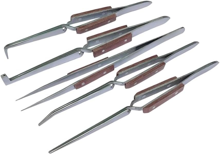 Taurish Set of 5 Fiber Grip Cross Lock Tweezers Set Bent & Straight Tip 6-1/2inch Long - Jewelry Tool