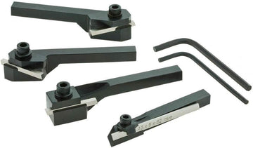 MINI LATHE TURNING & PARTING TOOL HOLDER SET - 3/8" SHANK - 4 PCS SET LEFT RIGHT STRAIGHT + PARTING WITH HSS BITS & KEYS