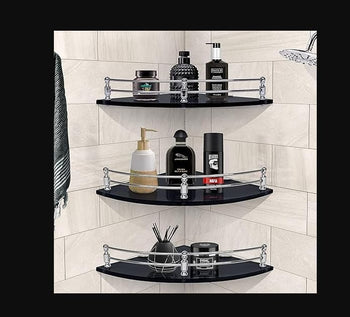 TAURISH Shelf/Bathroom Corner Organizer Shelf/Black Glass Corner Shelf for Living Room (9x9 Inches - Pack of 3)