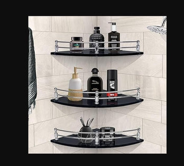 TAURISH Shelf/Bathroom Corner Organizer Shelf/Black Glass Corner Shelf for Living Room (9x9 Inches - Pack of 3)