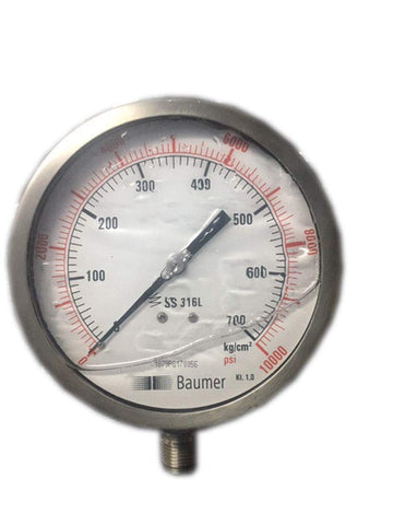 Pressure Gauge: Glycerin Filled, Dual Scale 0-700 BAR & 0-10000 PSI, 100 mm Dial