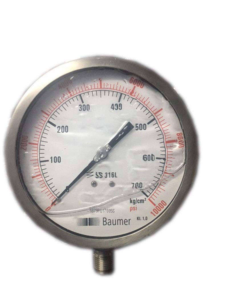 Pressure Gauge: Glycerin Filled, Dual Scale 0-700 BAR & 0-10000 PSI, 100 mm Dial