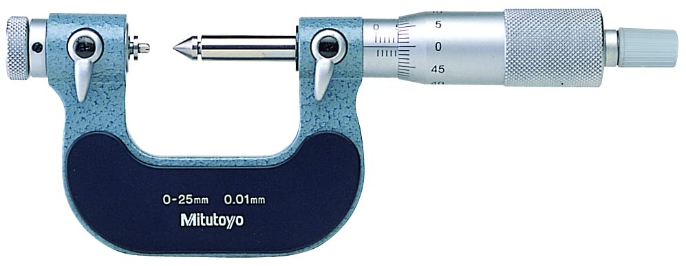 Mitutoyo 126-125 Screw Thread Micrometer, Interchangeable Anvil-Spindle Tip, Ratchet Stop, 0-25mm Range, 0.01mm Graduation, +/-0.004mm Accuracy