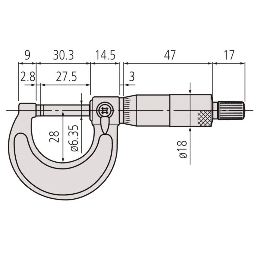 Mitutoyo 103-142-10 Outside Micrometer, Baked-enamel Finish, Ratchet Stop, 125-150mm Range, 0.01mm Graduation, +/-0.003mm Accuracy