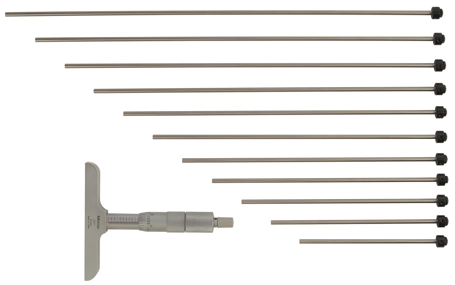 Mitutoyo 129-149 Vernier Depth Gauge, Interchangeable Rods, Micrometer Type, 0-12" Range, 0.001" Graduation, +/-0.00024" Accuracy, 2.5" x 0.63" Base, 12 Rods