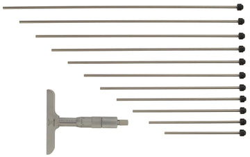 Mitutoyo 129-149 Vernier Depth Gauge, Interchangeable Rods, Micrometer Type, 0-12" Range, 0.001" Graduation, +/-0.00024" Accuracy, 2.5" x 0.63" Base, 12 Rods