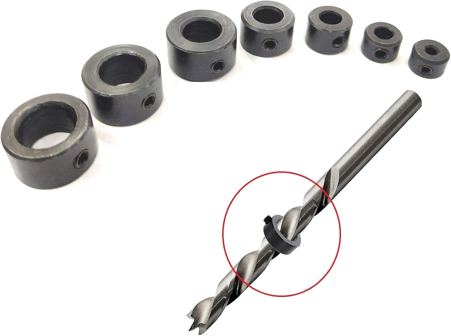 Drill Stopper Collar Set in Imperial & Metric with Allen Wrench to Tighten The Stops Set-Screws (7-Piece) (Set of Both-Metric & Imperial)