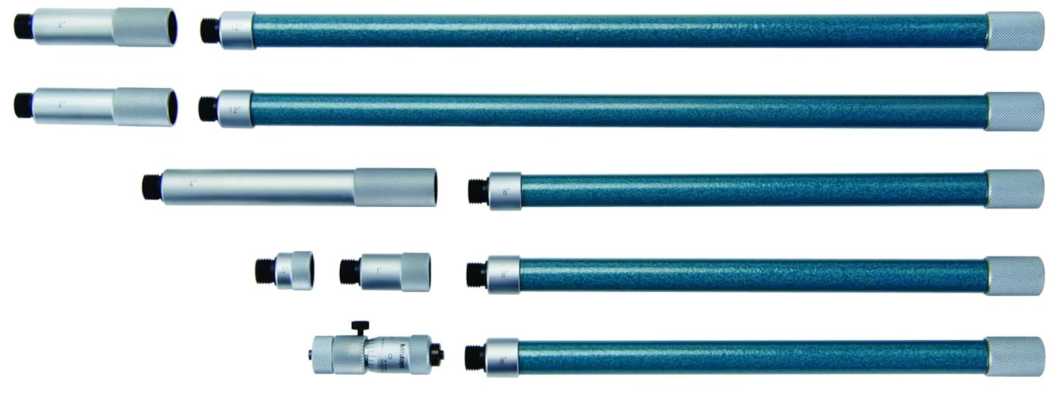 Mitutoyo 137-213 Tubular Vernier Inside Micrometer, Extension Rod Type, 2-20" Range, 0.001" Graduation, +/-6.00052" Accuracy, 6 pcs Extension Rods