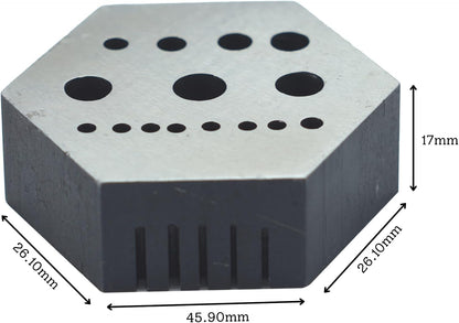 TAURISH Hexagonal Steel Riveting Anvil Block 17mm Thick Multi-Functional Bench Tool for Drilling, Riveting, Jewelry Making, and Watch Repair Hardened Steel Block with 15 Holes and 5 Slots