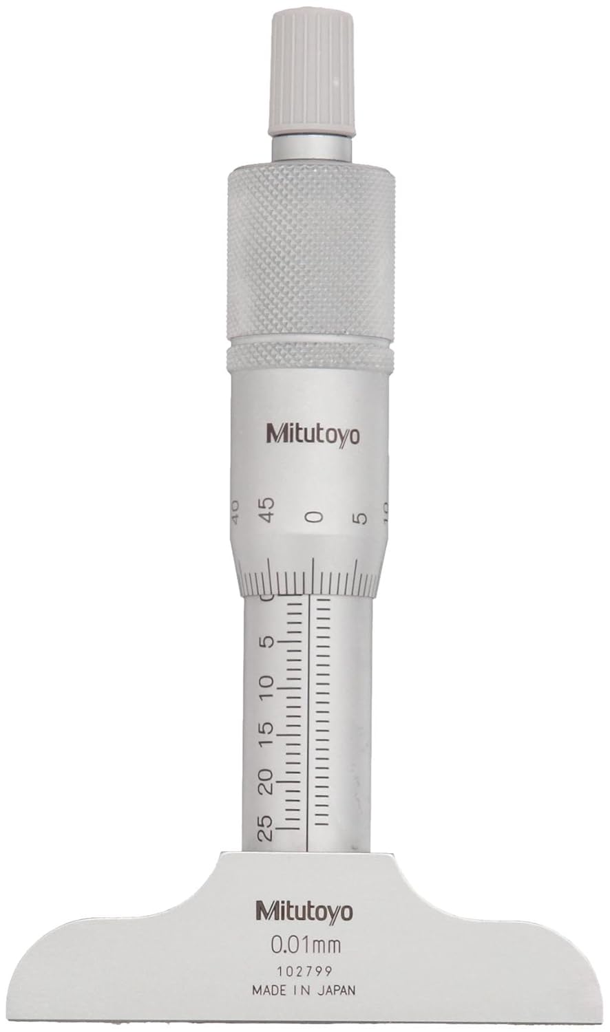 Mitutoyo 128-101 Vernier Depth Gauge, Micrometer Type, 0-25mm Range, 0.01mm Graduation, +/-0.003mm Accuracy, 63.6mm x 16mm Base