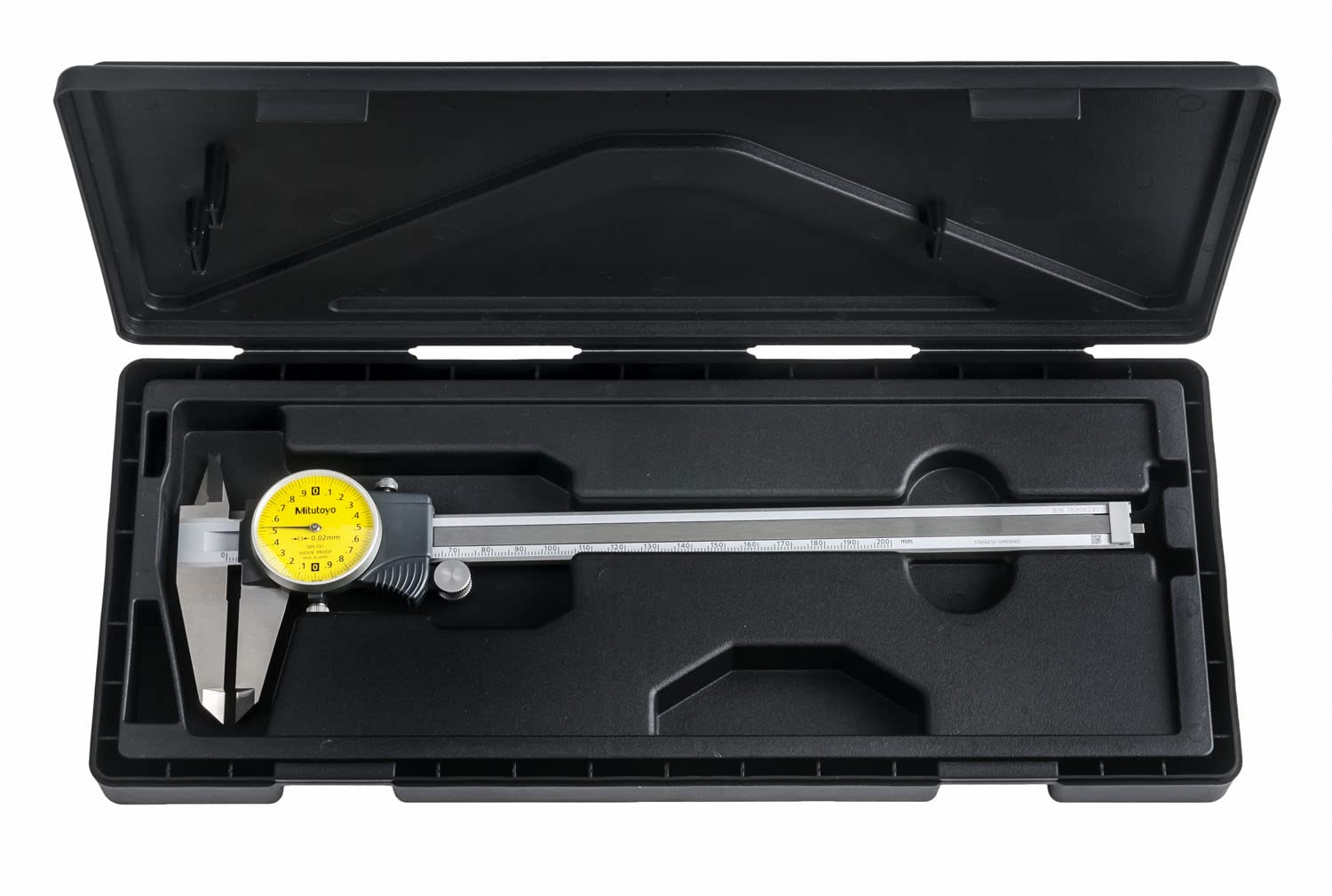 Mitutoyo 505-731 Dial Caliper, Stainless Steel, Yellow Face, 0-200 mm Range, +/-0.03 mm Accuracy, 0.02 mm Resolution