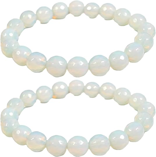 Natural White Opal Bracelet for Women & Men 8mm Beads Stretchable Healing Crystal Bracelet for Emotional Balance & Energy Protection Adjustable Length Pack of 2