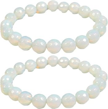Natural White Opal Bracelet for Women & Men 8mm Beads Stretchable Healing Crystal Bracelet for Emotional Balance & Energy Protection Adjustable Length Pack of 2
