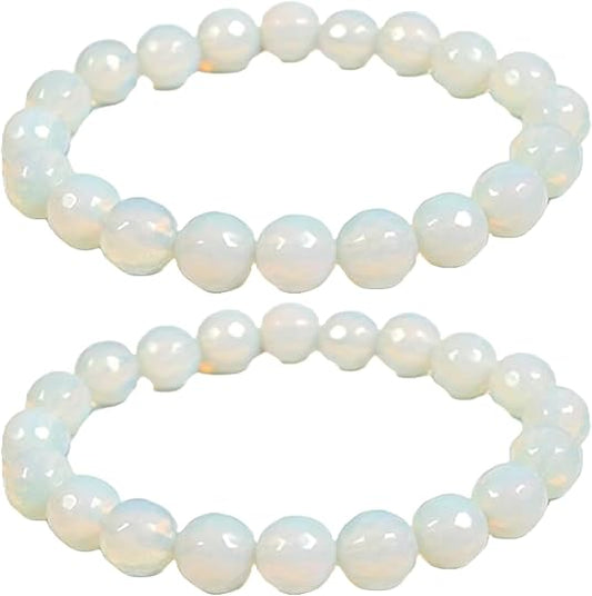 Natural White Opal Bracelet for Women & Men 8mm Beads Stretchable Healing Crystal Bracelet for Emotional Balance & Energy Protection Adjustable Length Pack of 2