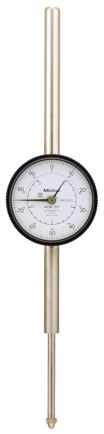 Mitutoyo 2424S-19 Dial Indicator, #4-48 UNF Thread, 0.375" Stem Dia., Lug Back, White Dial, 0-100 Reading, 2.244" Dial Dia., 0-2" Range, 0.001" Graduation, +/-0.003" Accuracy