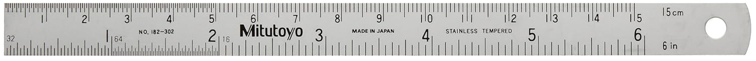 Mitutoyo 182-302, 6"/150mm Semi-Flexible Rule, (1/16, 1/32, 1/64", 1mm, 0.5mm), 5/8" Wide, Satin Chrome, Engraved Front Side Only