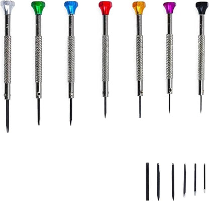 Watchmakers Screwdriver Set of 7 Color Coded Flat Head Precision Screwdrivers with Knurled Grip and Added Replacement Blades for Watch Repair