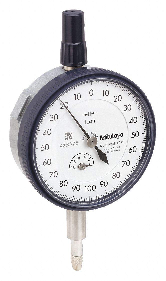 Mitutoyo 2109S-10 Dial Indicator, M2.5X0.45 Thread, 8mm Stem Dia., Lug Back, White Dial, 0-100-0 Reading, 57mm Dial Dia., 0-1mm Range, 0.001mm Graduation, +/-0.005mm Accuracy