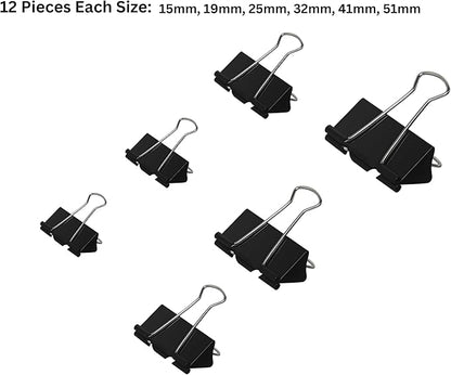 72 Pieces Binder Clips Paper Clamps Assorted Sizes Extra Large, Large, Medium, Small, Extra Small and Mini Tempered Steel Rust Resistant for Office Home School Document Organization