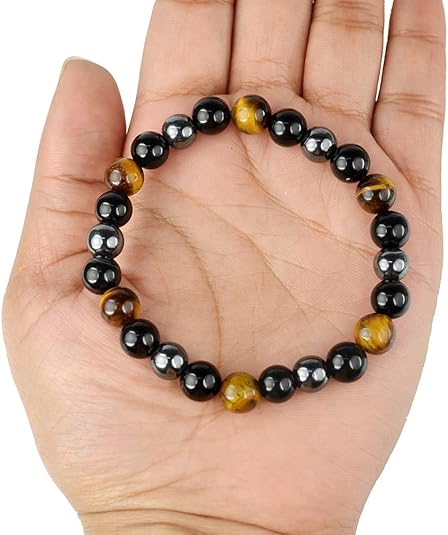 Natural Triple Protection Bracelet for Women and Men Pack of 2, 8mm Beads Adjustable Stretchable Bracelet Healing Energy Protection Bracelet for Balance and Emotional Well Being