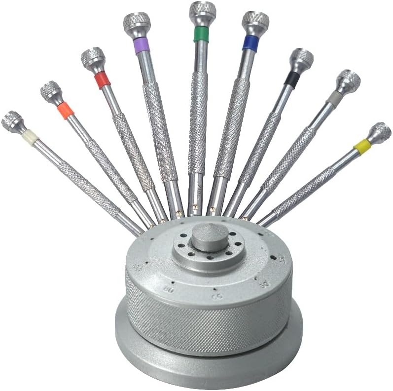 TAURISH 9-Piece Watchmaker Screwdriver Set with Revolving Stand & Extra Blades - Precision Screwdriver Set for Watch Repair, Jewelry, and Electronics, Includes Sizes 0.5mm to 2.5mm