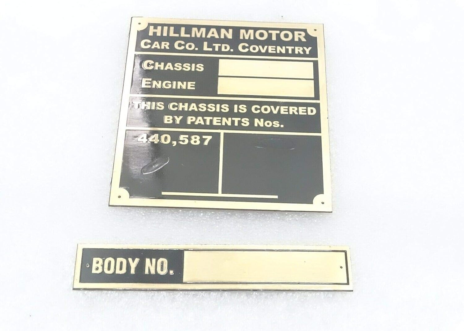 Royal Crusaders Hillman Motor Car Chasis/Engine Data Brass Plate
