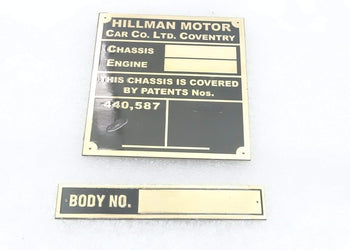 Royal Crusaders Hillman Motor Car Chasis/Engine Data Brass Plate