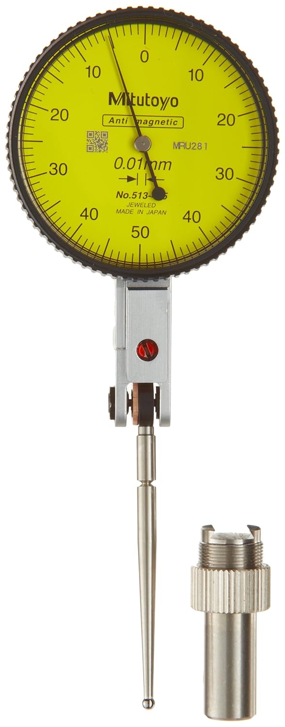 Mitutoyo 513-405E Dial Test Indicator, Basic Set, Horizontal Type, 8mm Stem Dia., Yellow Dial, 0-100-0 Reading, 40mm Dial Dia., 0-0.2mm Range, 0.002mm Graduation, +/-0.003mm Accuracy