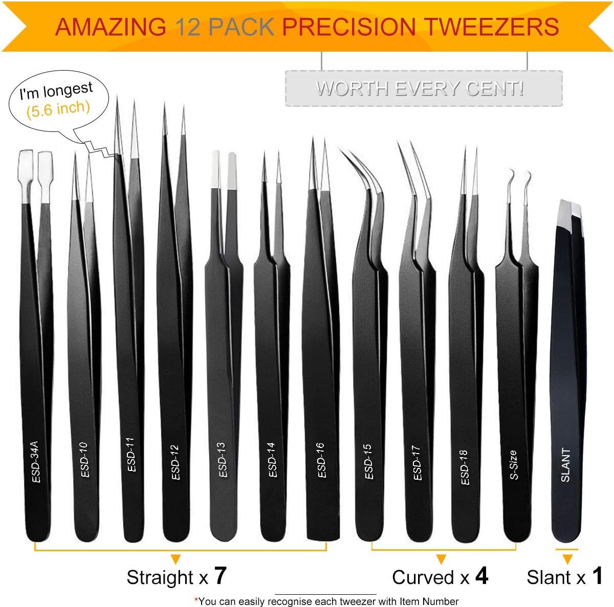 Precision Tweezers Set, 12 PCS ESD Tweezer Kit, Anti-Static Stainless Steel Tweezers Kit Curved Tweezers with Case for Craft, Jewelry, Electronics, Laboratory Work