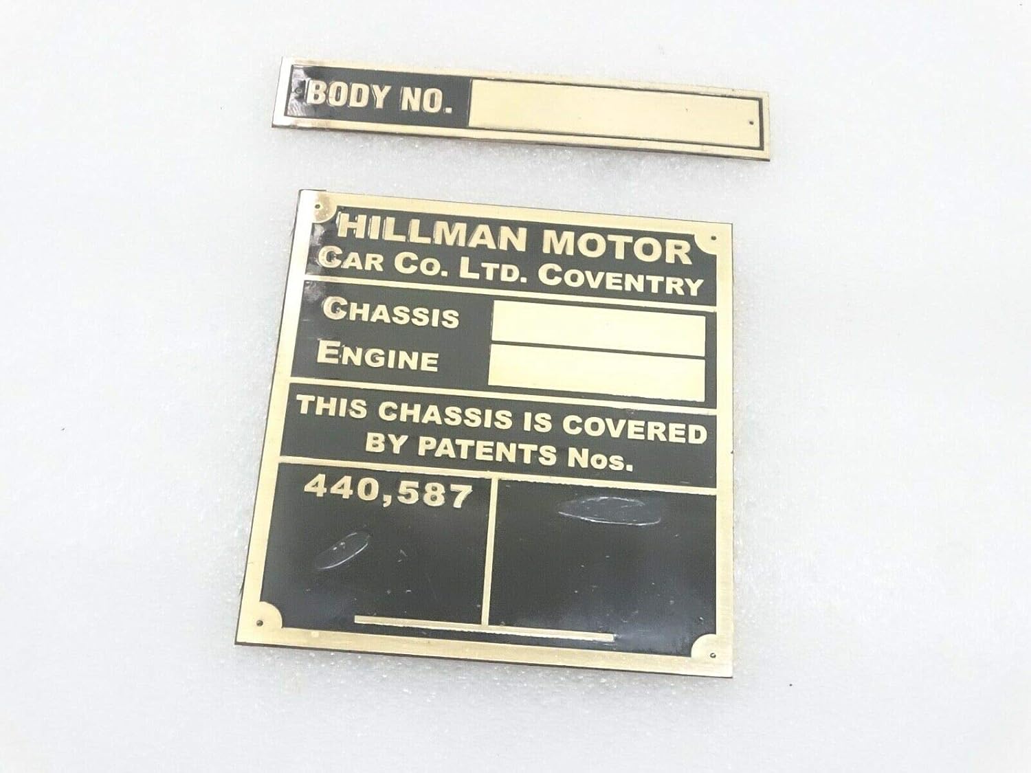 Royal Crusaders Hillman Motor Car Chasis/Engine Data Brass Plate