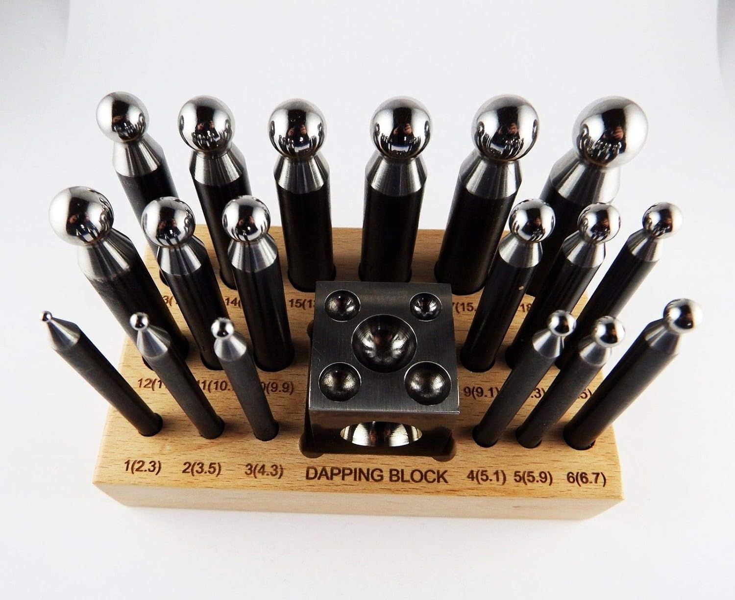 DAPPING SET 18 PCS DOMING PUNCHES STEEL BLOCK FOR JEWELRY REPOUSSE SILVERSMITH ACE TOOLS
