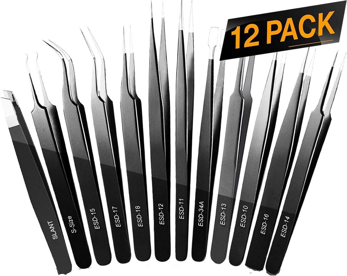 Precision Tweezers Set, 12 PCS ESD Tweezer Kit, Anti-Static Stainless Steel Tweezers Kit Curved Tweezers with Case for Craft, Jewelry, Electronics, Laboratory Work