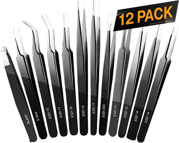 Precision Tweezers Set, 12 PCS ESD Tweezer Kit, Anti-Static Stainless Steel Tweezers Kit Curved Tweezers with Case for Craft, Jewelry, Electronics, Laboratory Work