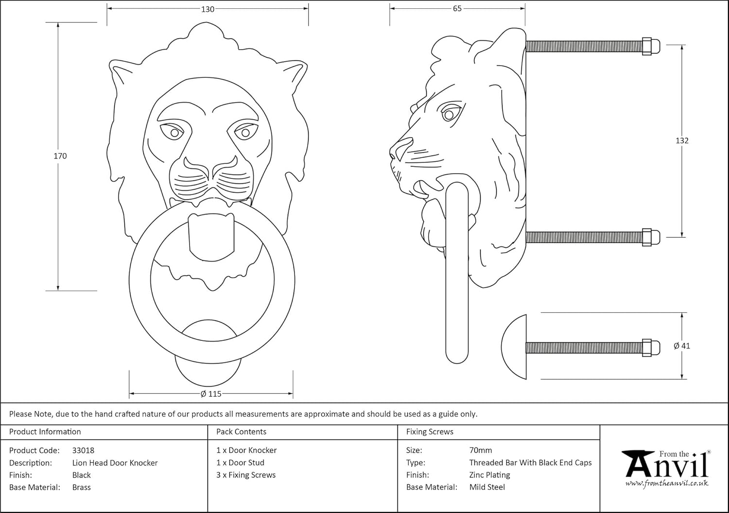 From The Anvil Black Lion Head Door Knocker