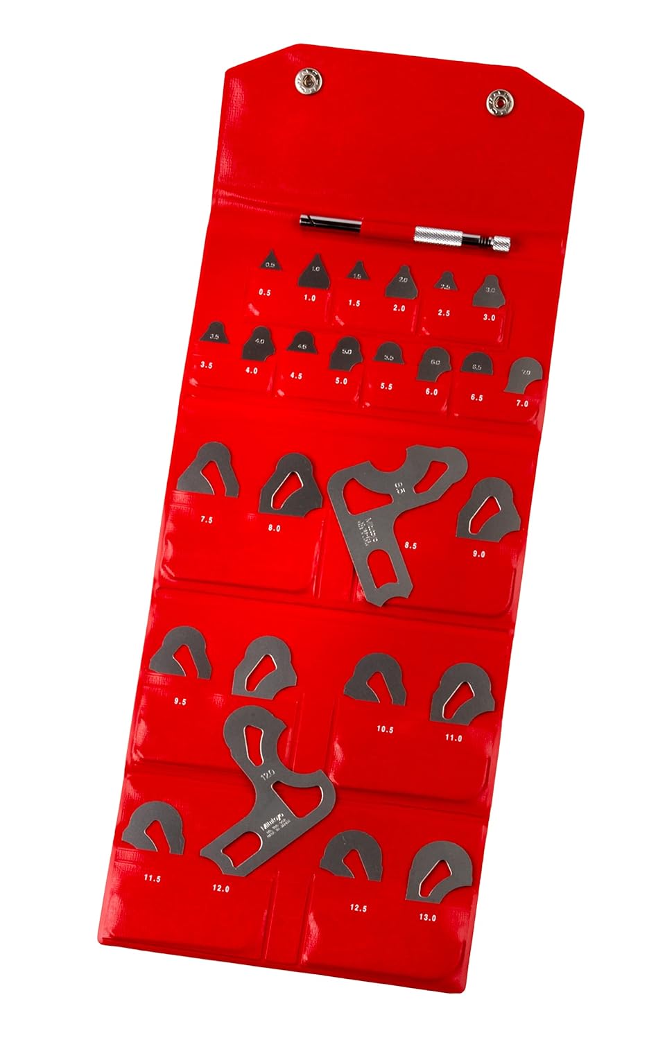 Mitutoyo 186-902, Radius Gage Set, 26 Leaves, 0.5mm to 13mm by 0.5mm, 5 Radii per Leaf