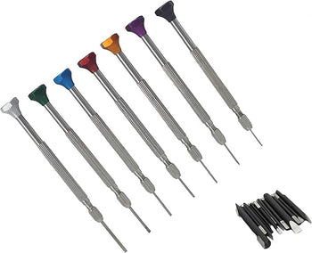 Watchmakers Screwdriver Set of 7 Color Coded Flat Head Precision Screwdrivers with Knurled Grip and Added Replacement Blades for Watch Repair