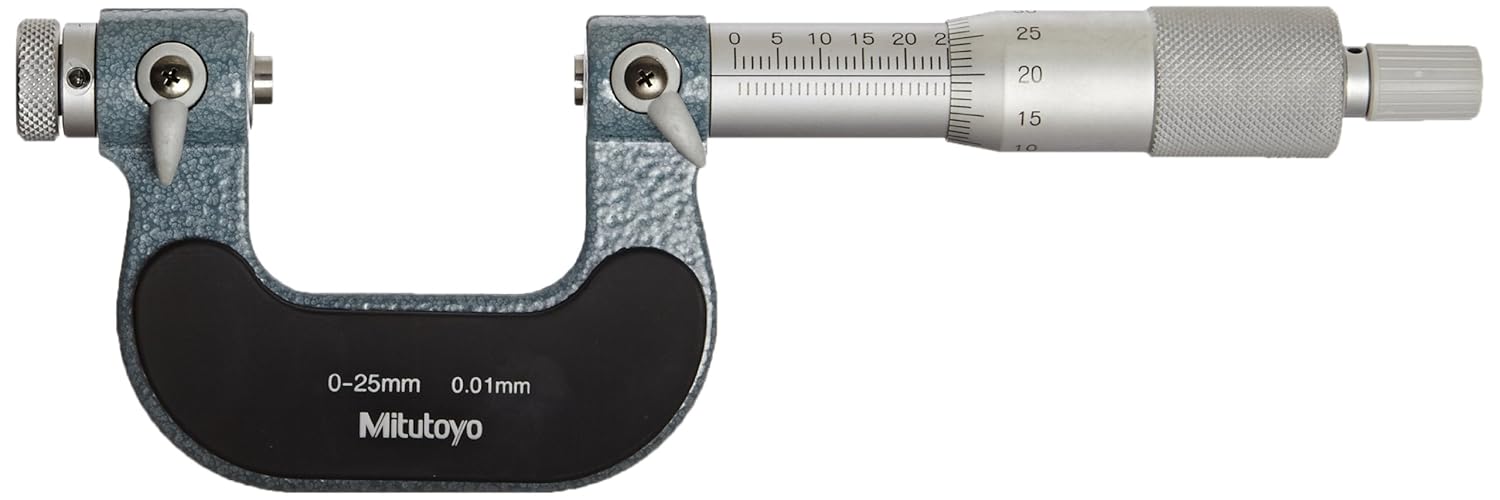 Mitutoyo 126-125 Screw Thread Micrometer, Interchangeable Anvil-Spindle Tip, Ratchet Stop, 0-25mm Range, 0.01mm Graduation, +/-0.004mm Accuracy