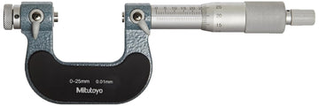 Mitutoyo 126-125 Screw Thread Micrometer, Interchangeable Anvil-Spindle Tip, Ratchet Stop, 0-25mm Range, 0.01mm Graduation, +/-0.004mm Accuracy