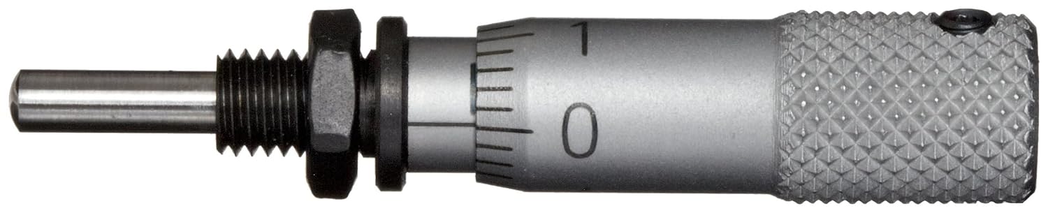 Mitutoyo 148-216 Miniature Micrometer Head, 0-5mm Range, 0.02mm Graduation, +/-0.005mm Accuracy, Plain Thimble, Clamp Nut, Spherical SR1.5 Face