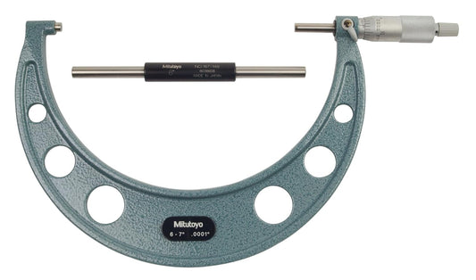 Mitutoyo 103-221 Outside Micrometer, Baked-enamel Finish, Ratchet Stop, 6-7" Range, 0.0001" Graduation, +/-0.0002" Accuracy