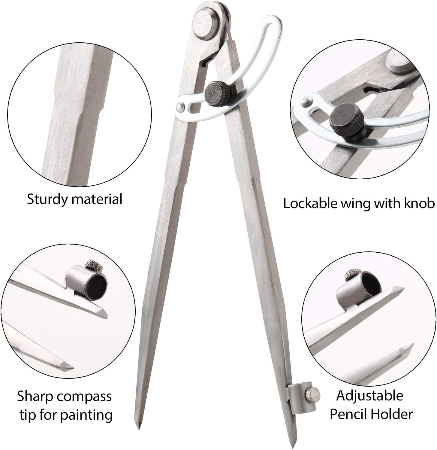Sunshane 2 Pack Professional Woodworking Compass 8 Inch 12 Inch Carpenter Compass Pencil Compass with Wing and Pencil Holder for Geometry, Drawing and Drafting