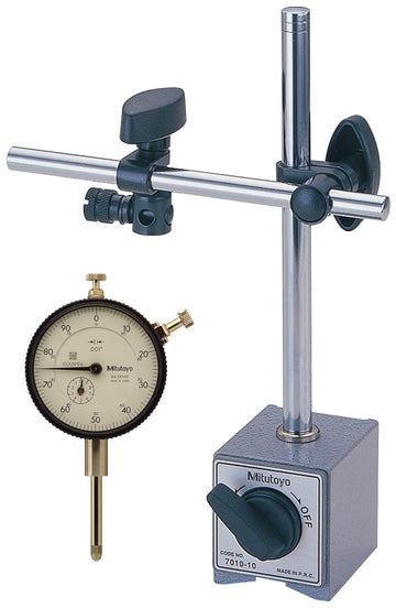 Mitutoyo 7046 Dial Indicator and Magnetic Stand Set, #4-48 UNF Thread, 0.375" Stem Dia., 0-100 Reading, 2.244" Dial Dia.