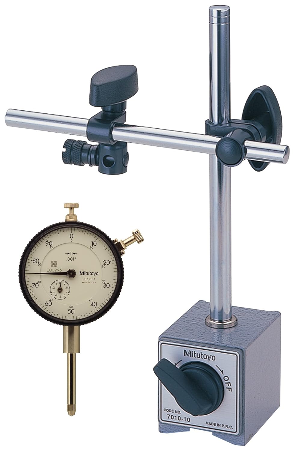 Mitutoyo 7046 Dial Indicator and Magnetic Stand Set, #4-48 UNF Thread, 0.375" Stem Dia., 0-100 Reading, 2.244" Dial Dia.